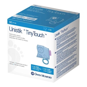 Owen Mumford Pediatric Lancet Unistik Tiny Touch 2.5 mm Blade Retractable Push Button Activation Heel